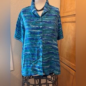 Stunt Petite Blue Boxy Button Down Blouse with Notched Collar